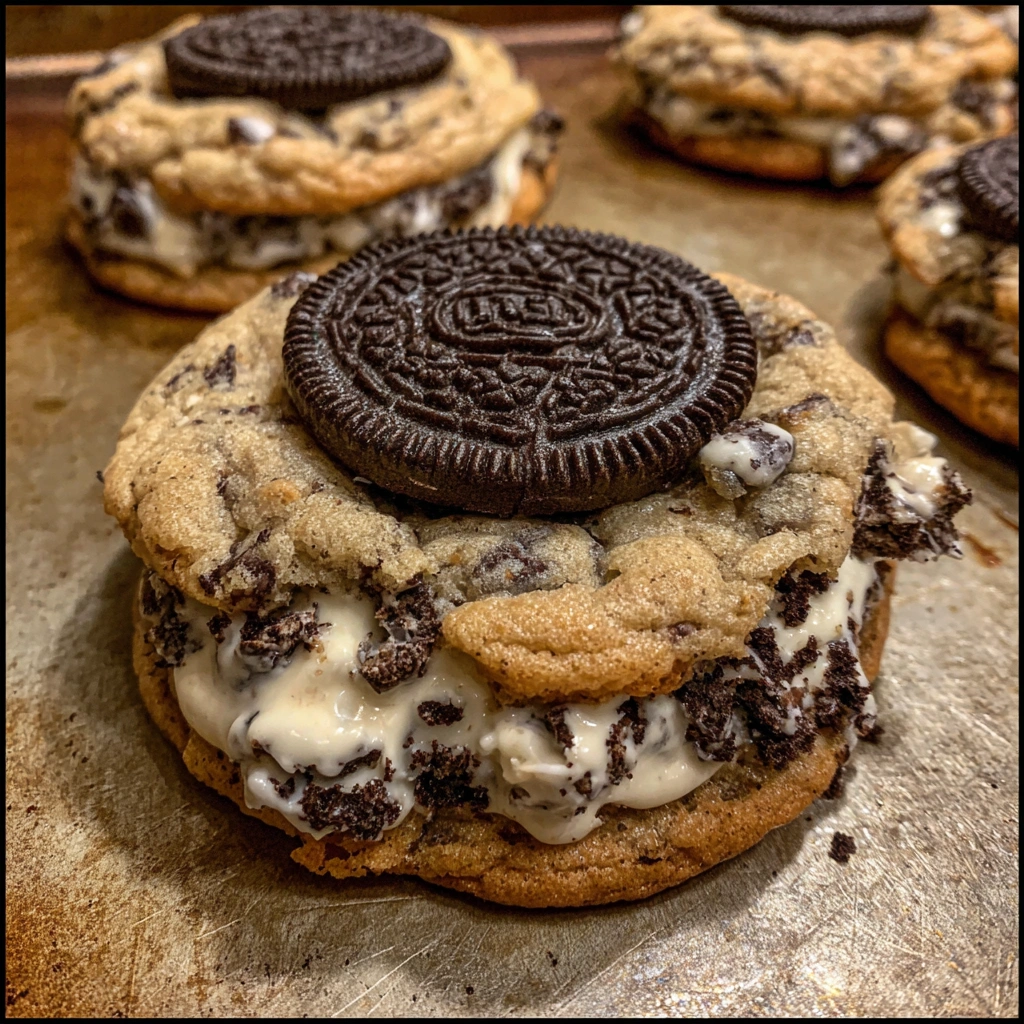 Close-up of Halloween Oreo-Stuffed Chocolate Chip Cookies