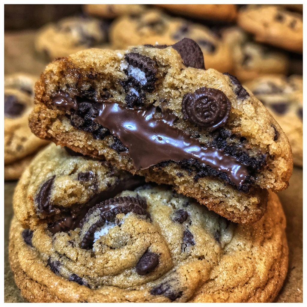 Stacked stuffed cookies with chocolate chips and bright Oreo centers