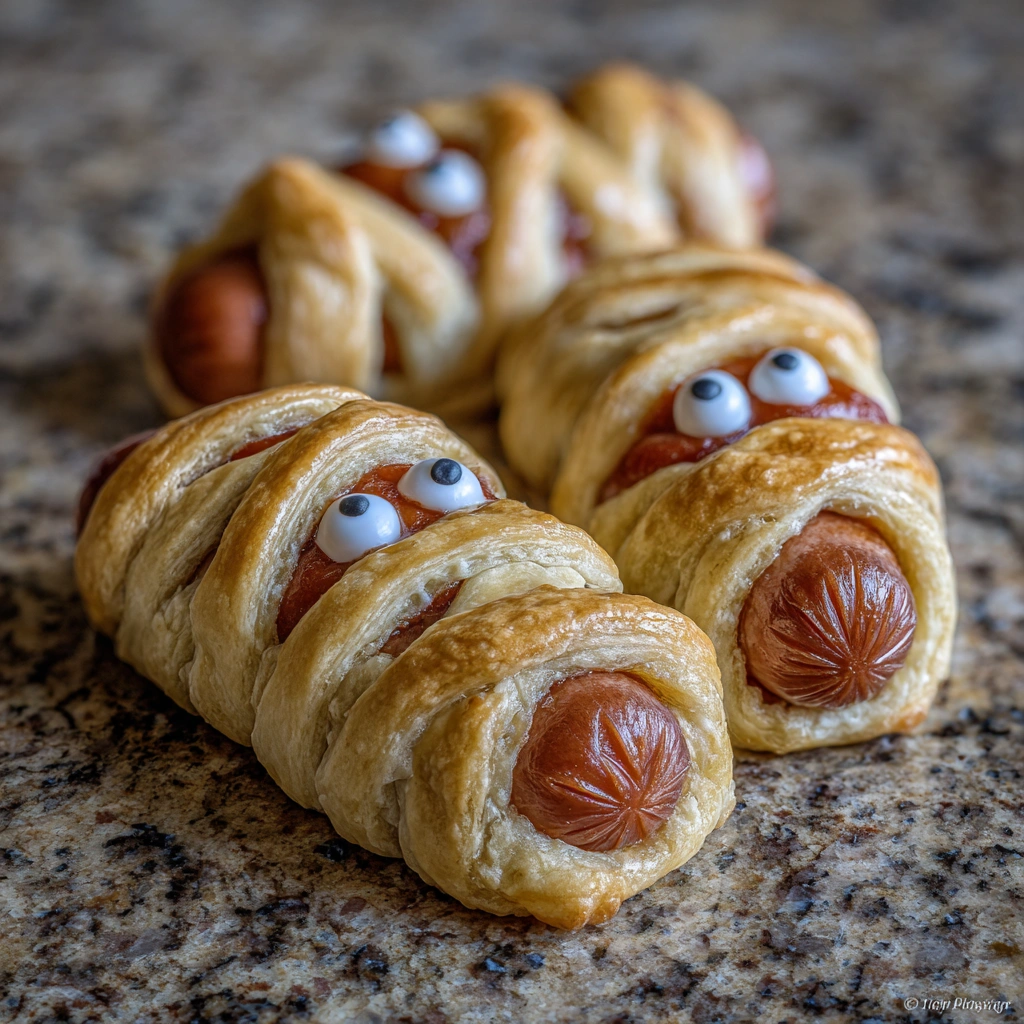 Sausage wrapped in flaky pastry and decorated with ketchup