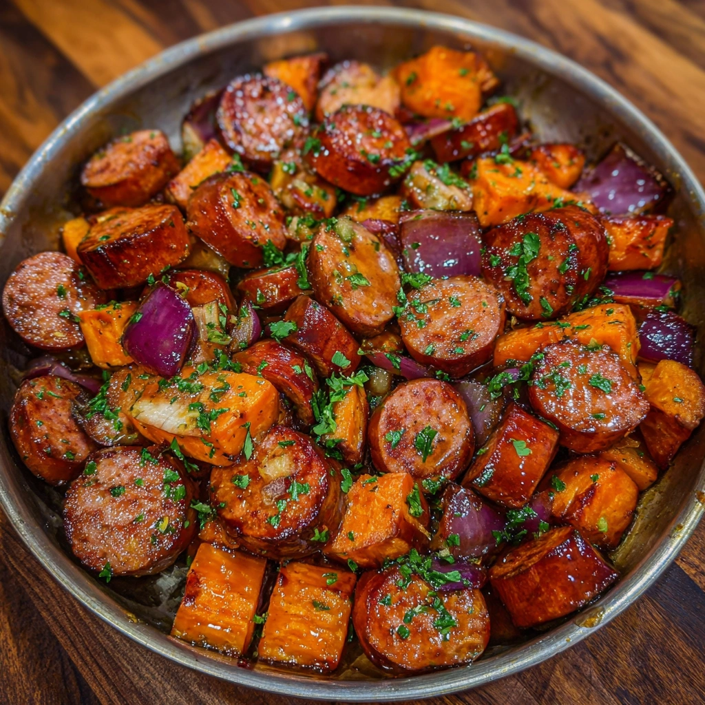 Forkful of tender sweet potatoes and sausage with garlic glaze