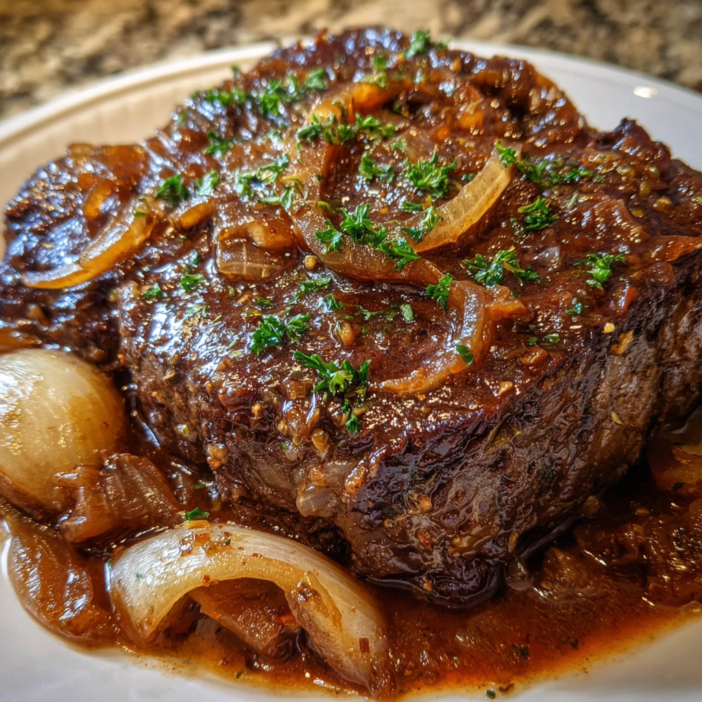 Sliced pot roast topped with caramelized onions and herbs