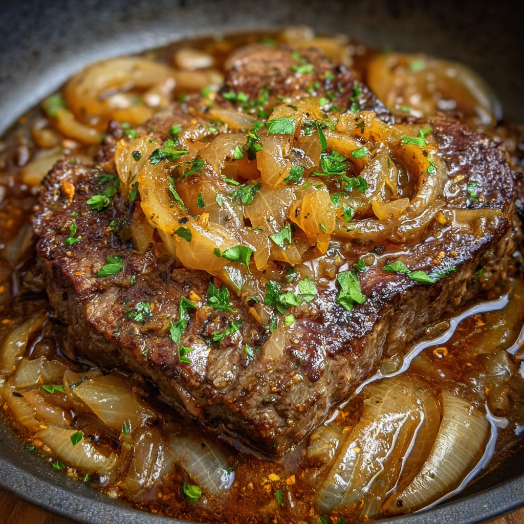 Juicy beef roast plated with onion gravy and parsley
