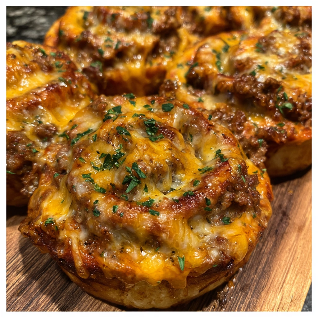 Tray of golden brown beef and cheese rollups brushed with garlic butter.