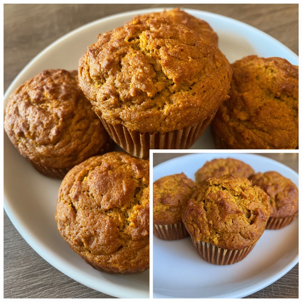 Close-up of a cut muffin showing moist pumpkin interior.