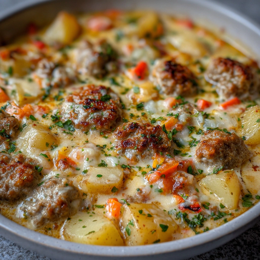 Cheesy, bubbling skillet topped with parsley, loaded with potatoes and savory meat.