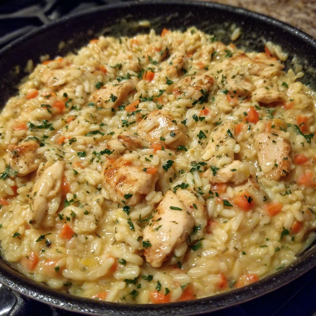 Creamy chicken and rice in one pot, garnished with parsley.