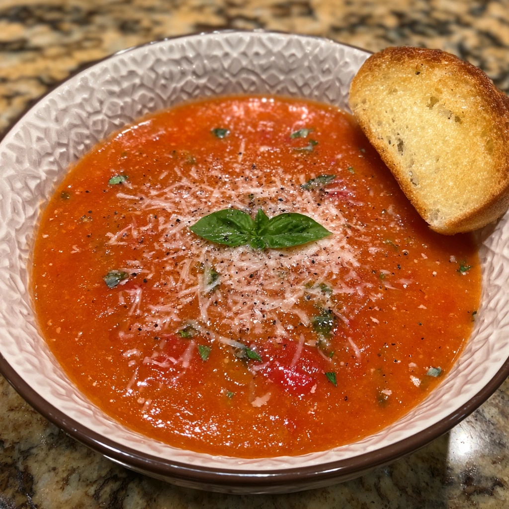 A steaming bowl of tomato basil soup with parmesan swirl