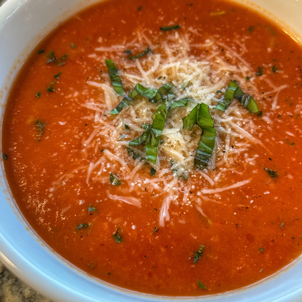 Spoon dipping into thick tomato soup with visible herbs