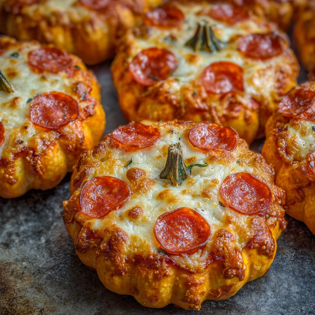 Mini puff pastry pumpkins with pizza filling and pretzel stems