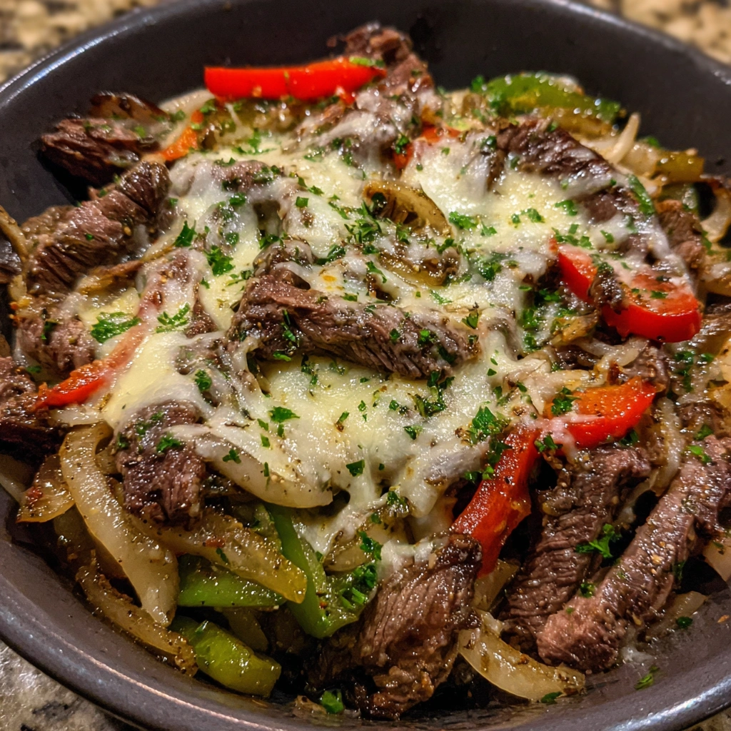 Philly Cheesesteak Bowls with juicy steak, peppers, onions, and melted cheese.