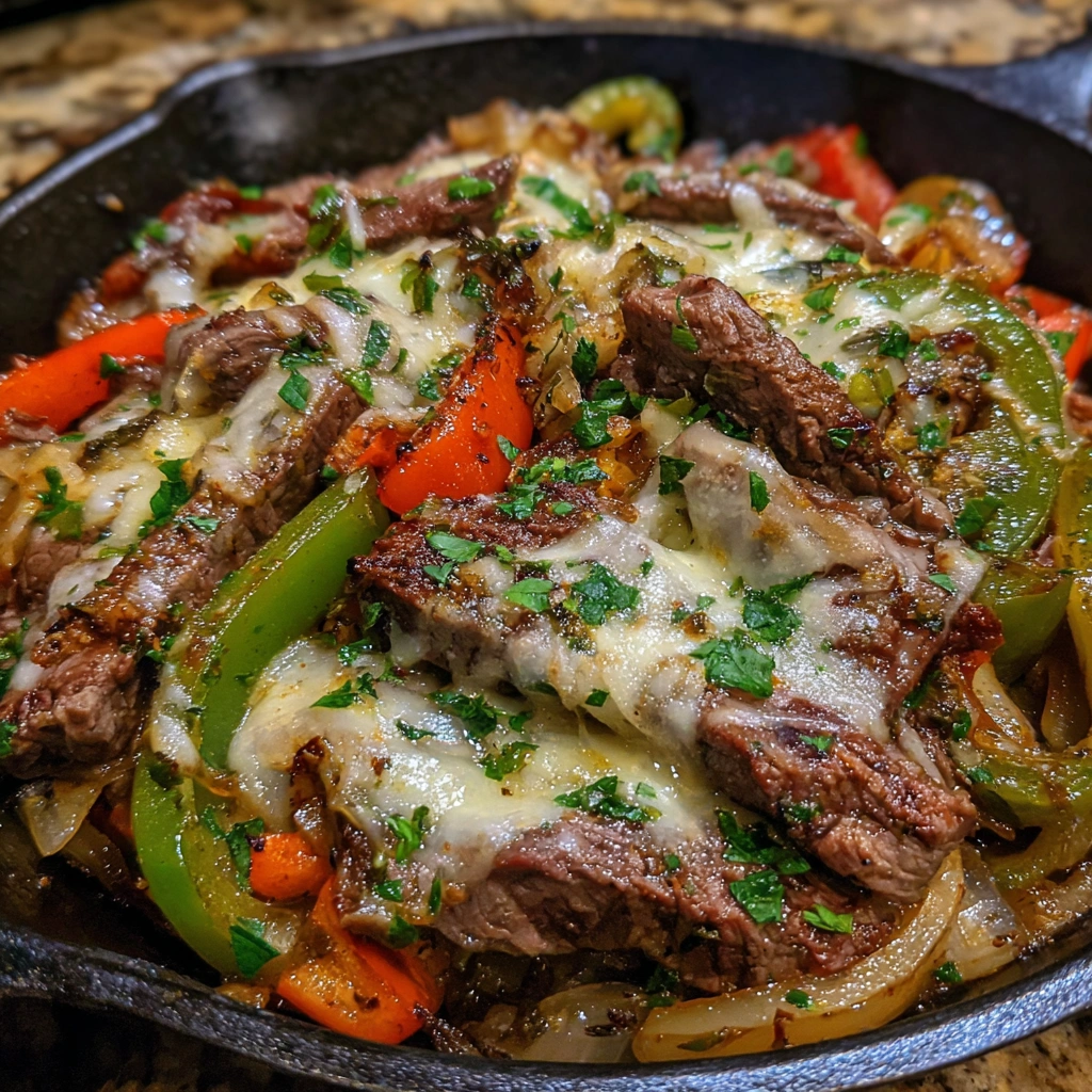Close-up of cheesy steak and peppers served in a low-carb dinner bowl.