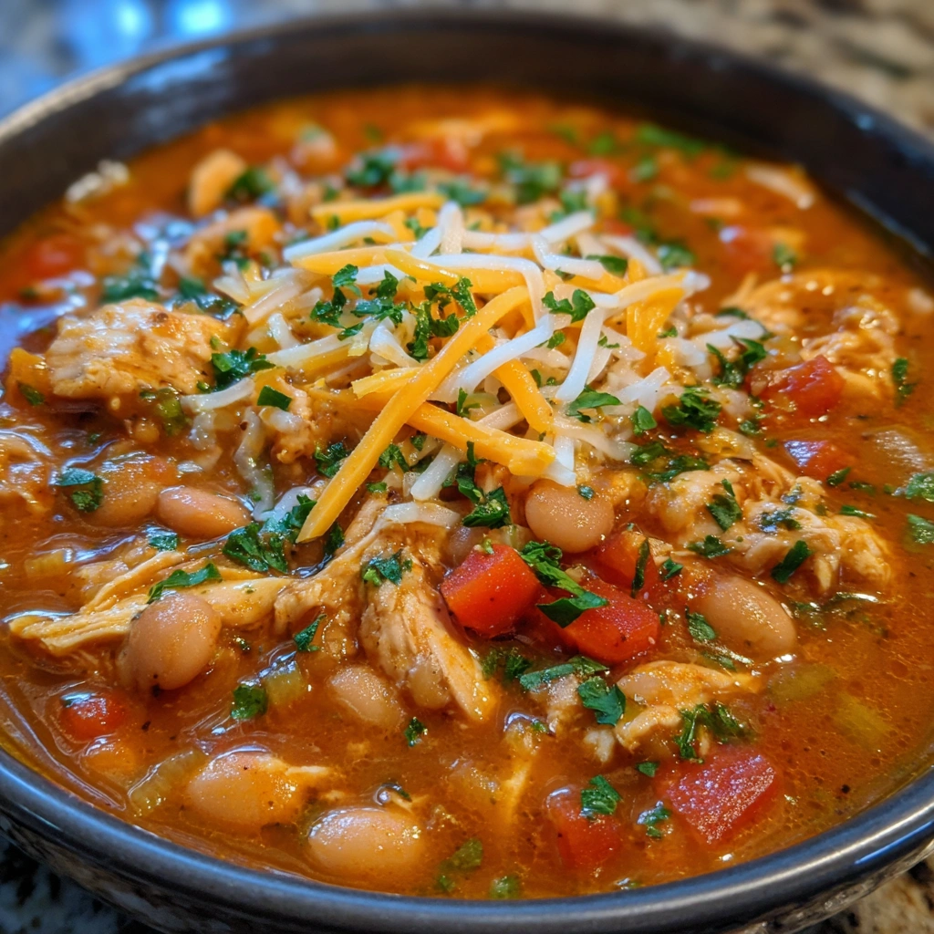 Bowl of pumpkin chicken chili topped with cheese and cilantro.