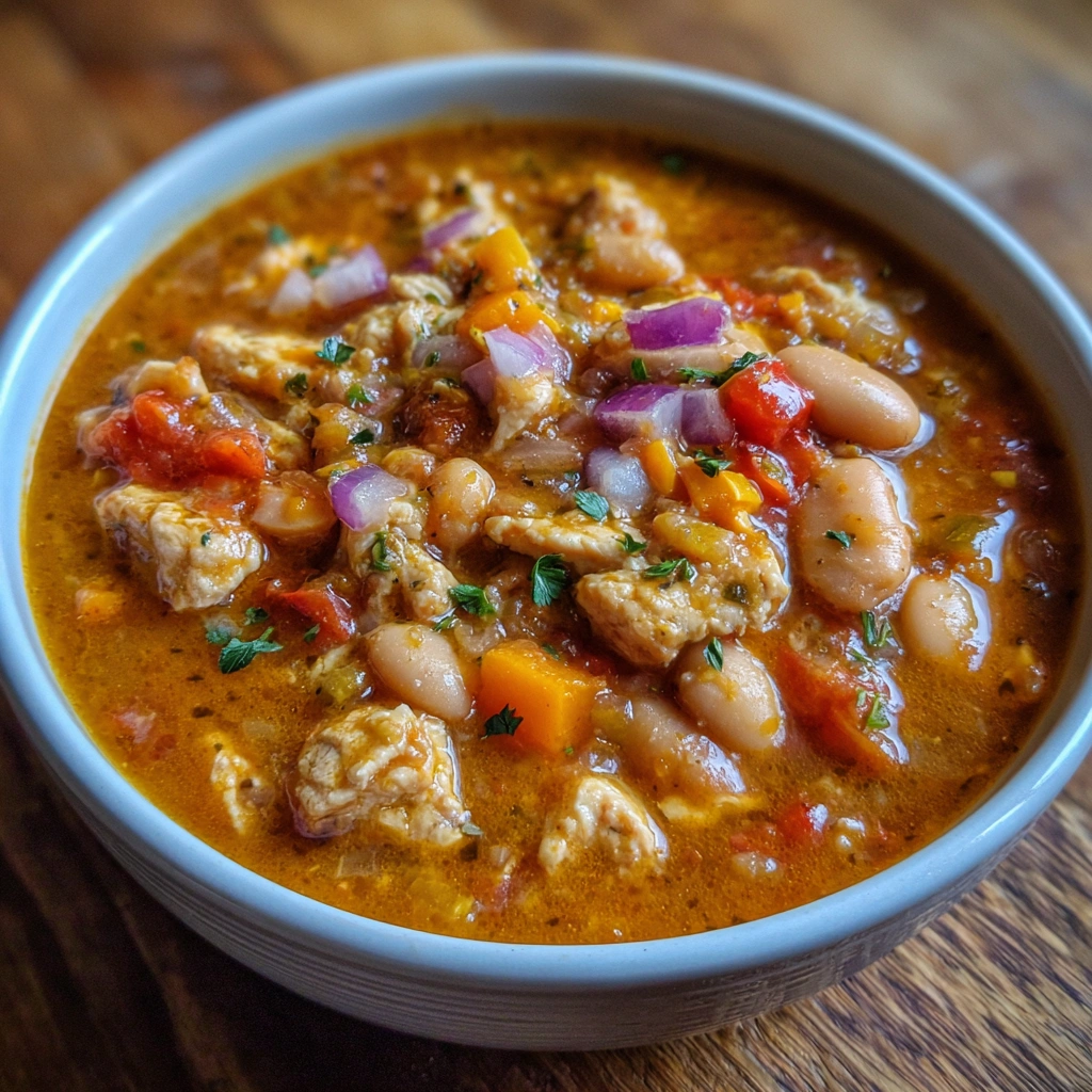 Close-up of creamy pumpkin chicken chili with beans and veggies.