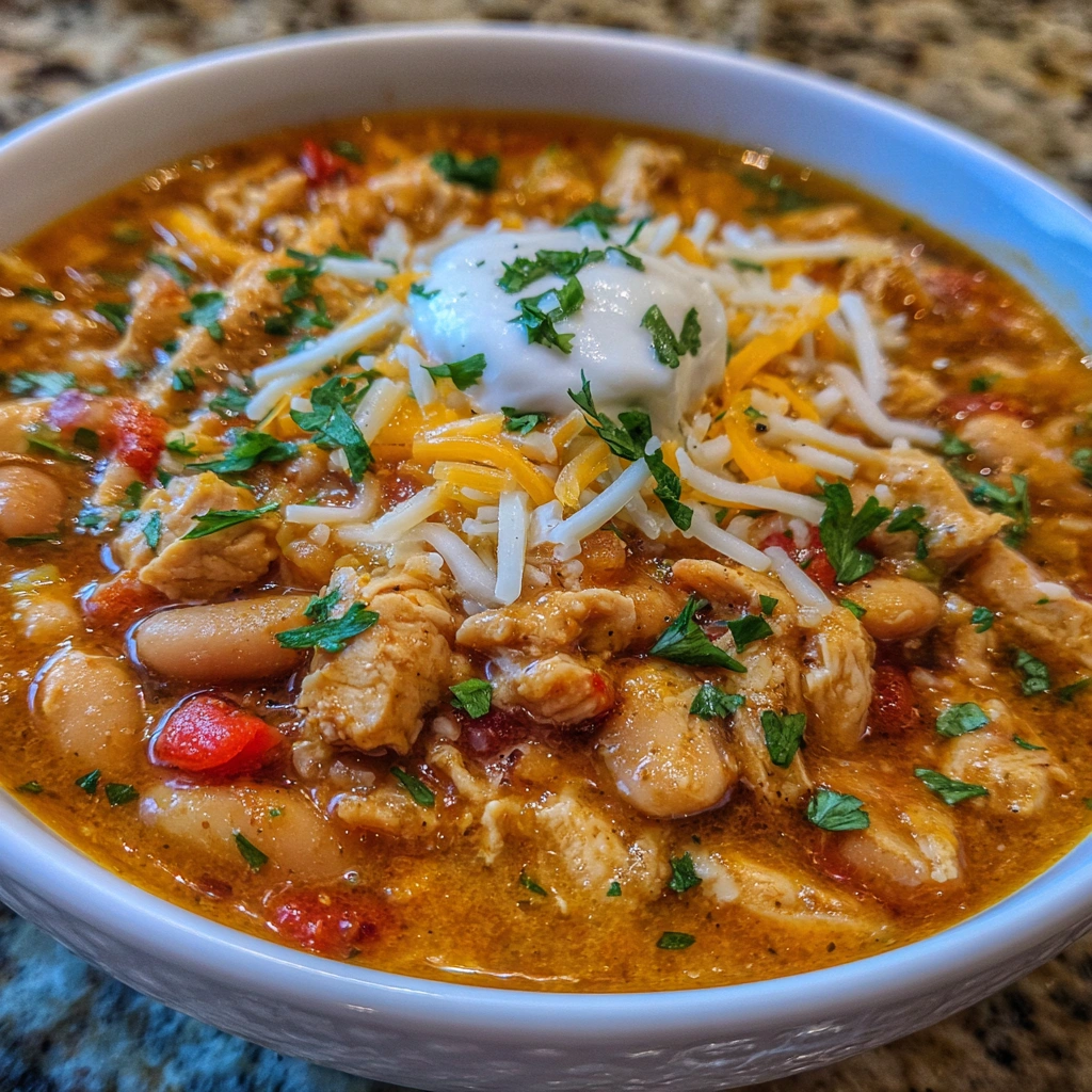 Hearty bowl of pumpkin chili with chicken, beans, and melted cheese topping.