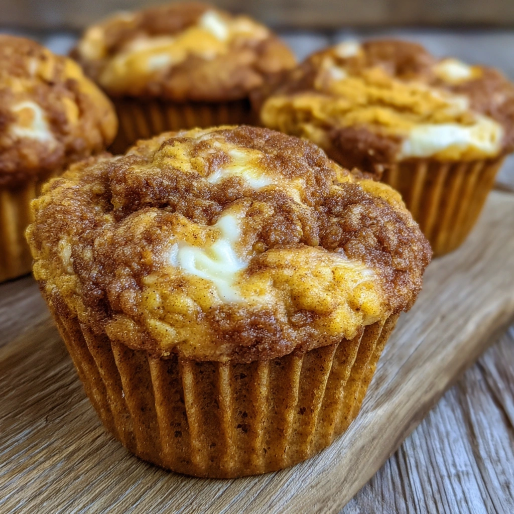 Close-up of muffin showing pumpkin and cream cheese layers