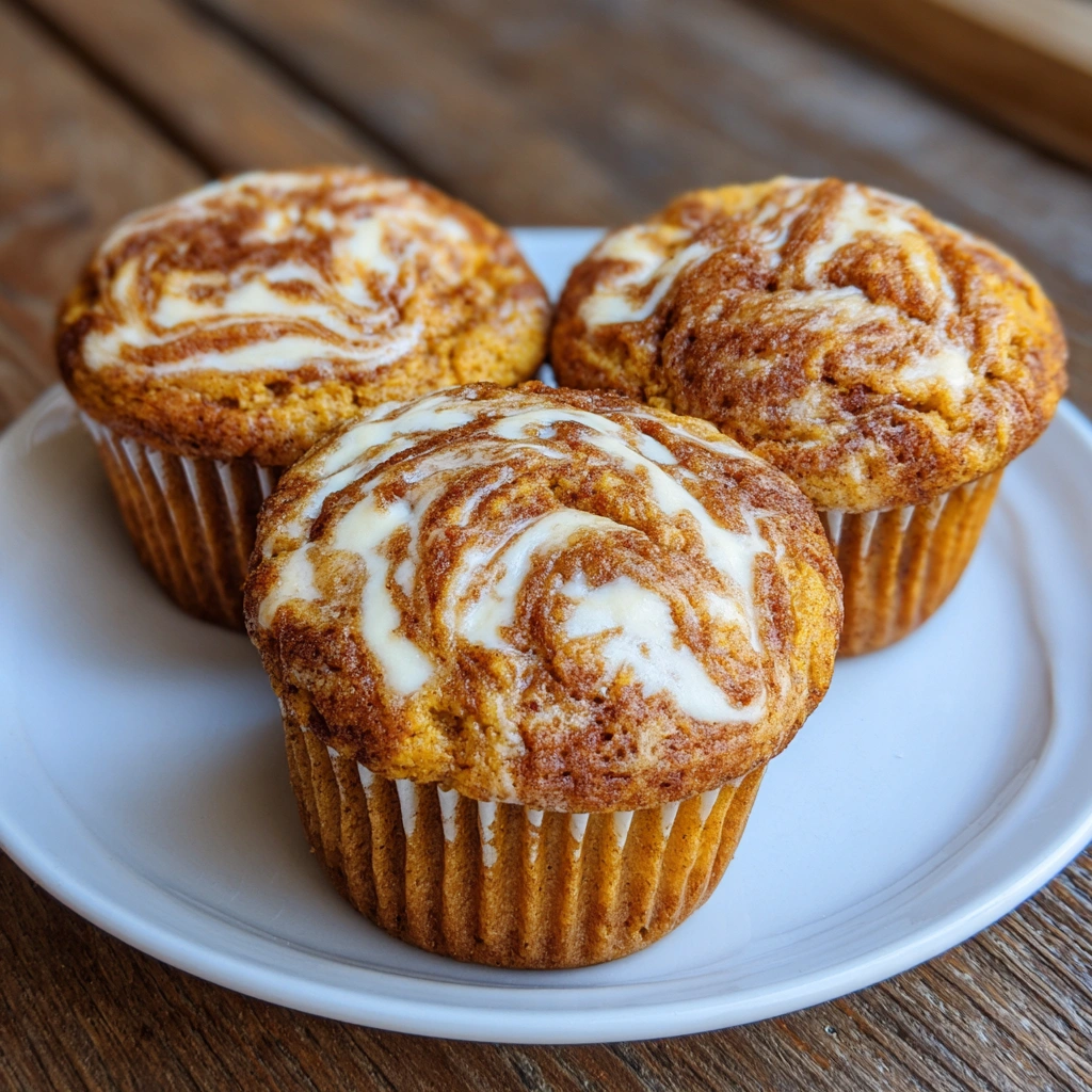 Muffin sliced open to reveal moist pumpkin crumb and cream cheese center