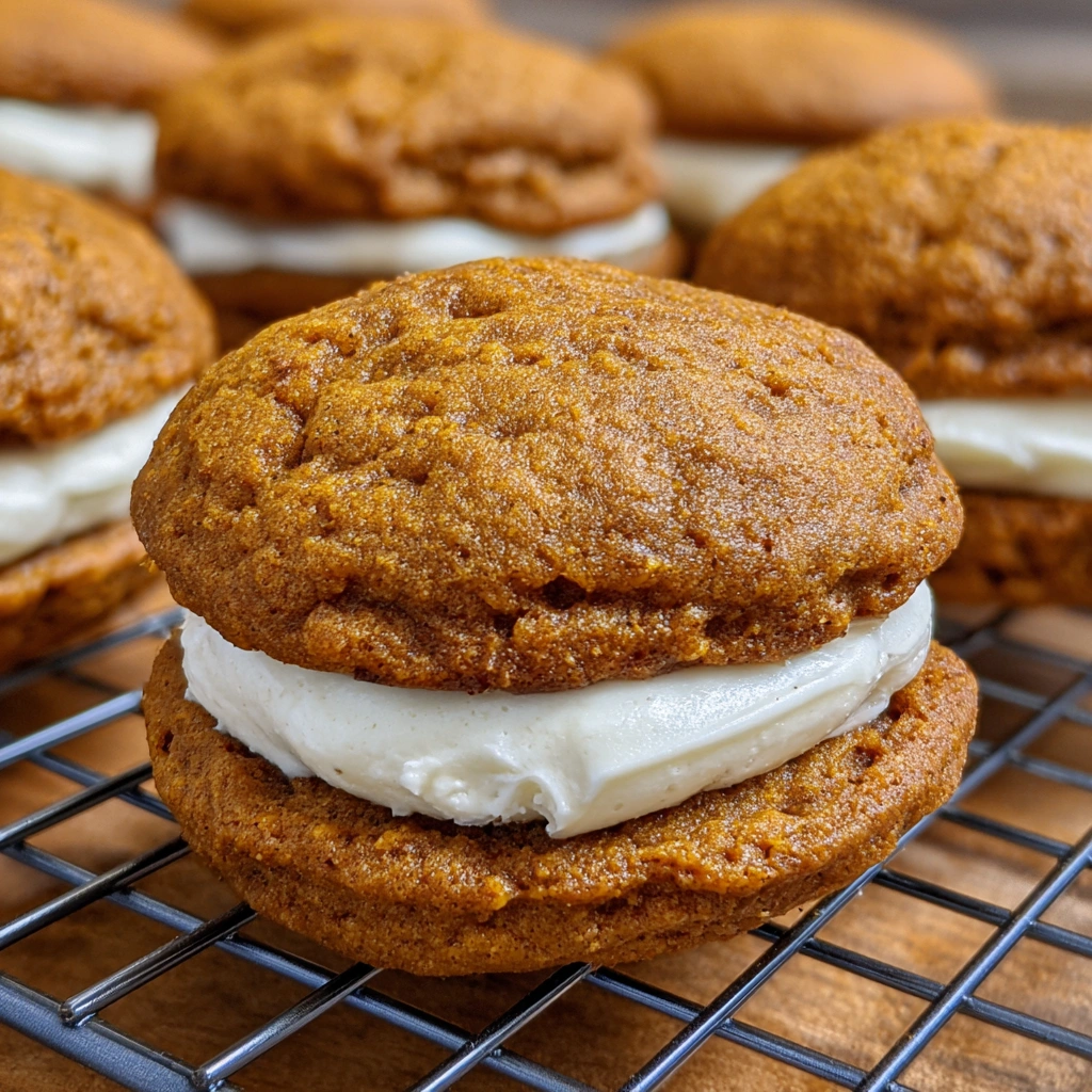 Close-up of pumpkin whoopie pies showing fluffy cookies and frosting filling.
