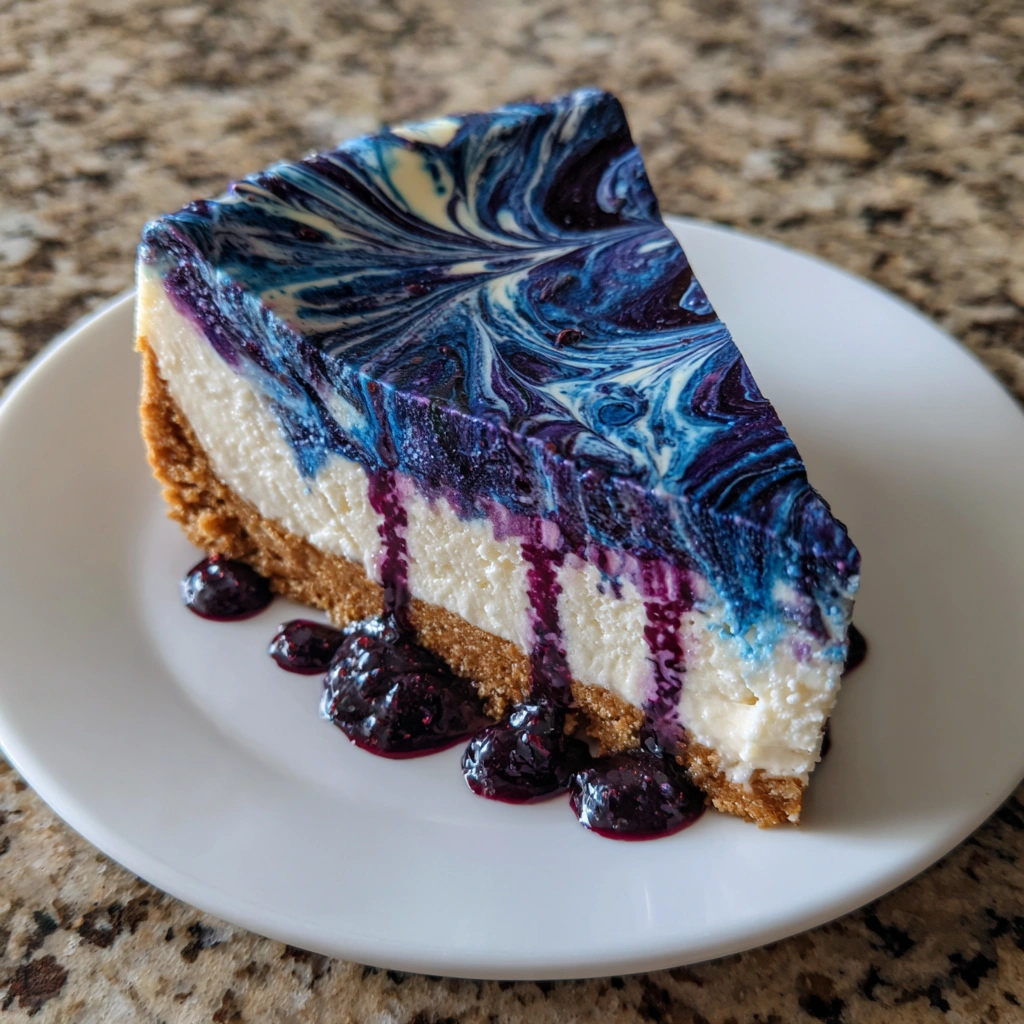 Full cheesecake with mystical blue and purple swirl on top