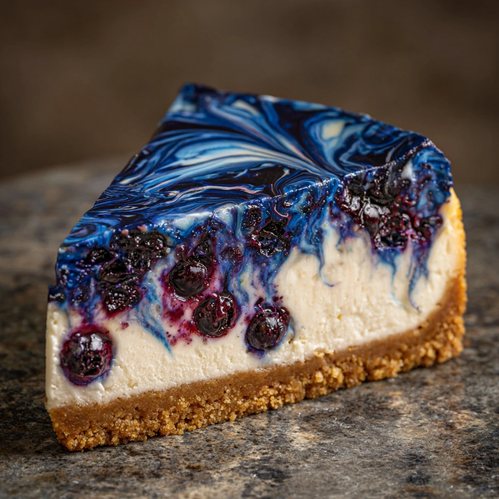 Close-up of rich cheesecake with blue swirl and golden crust