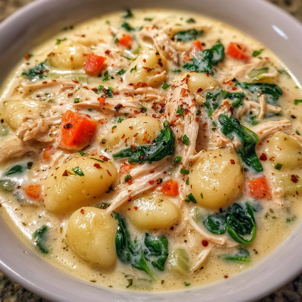 Gnocchi soup with parmesan cheese and bright green spinach