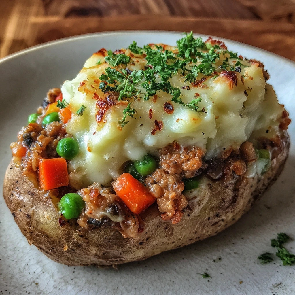 Fluffy baked potato stuffed with hearty shepherd’s pie filling and topped with creamy mash.