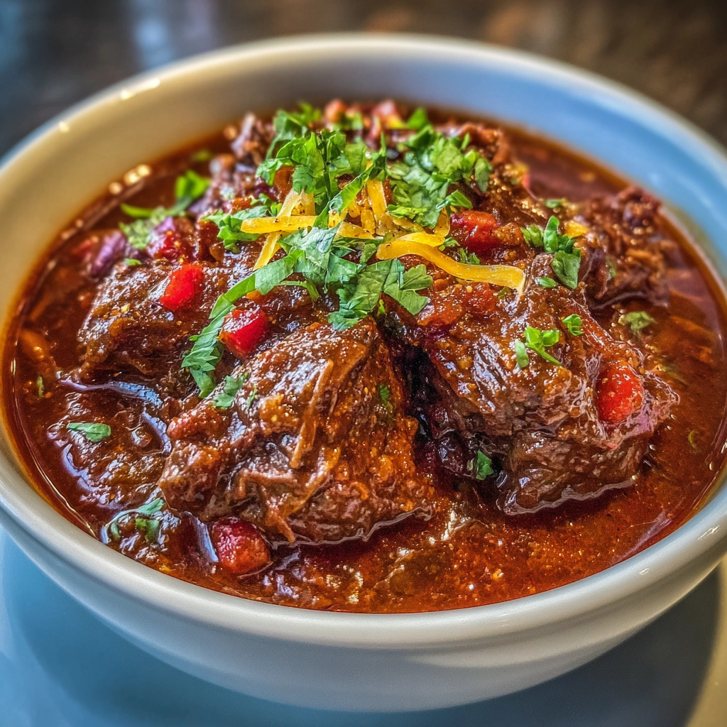 Bowl of short rib and chorizo chili topped with cheese and cilantro.