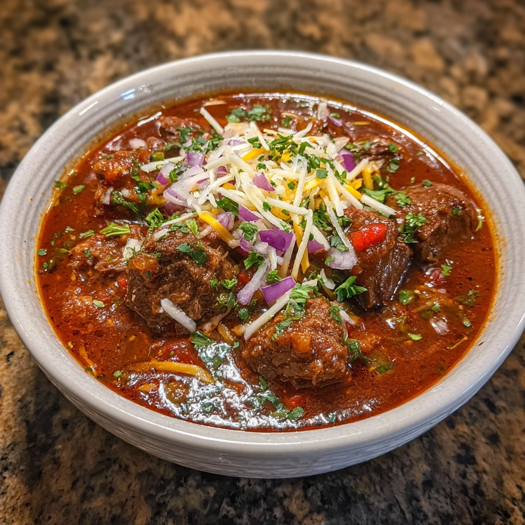 Close-up of chunky chili with tender beef, beans, and fire-roasted tomatoes.