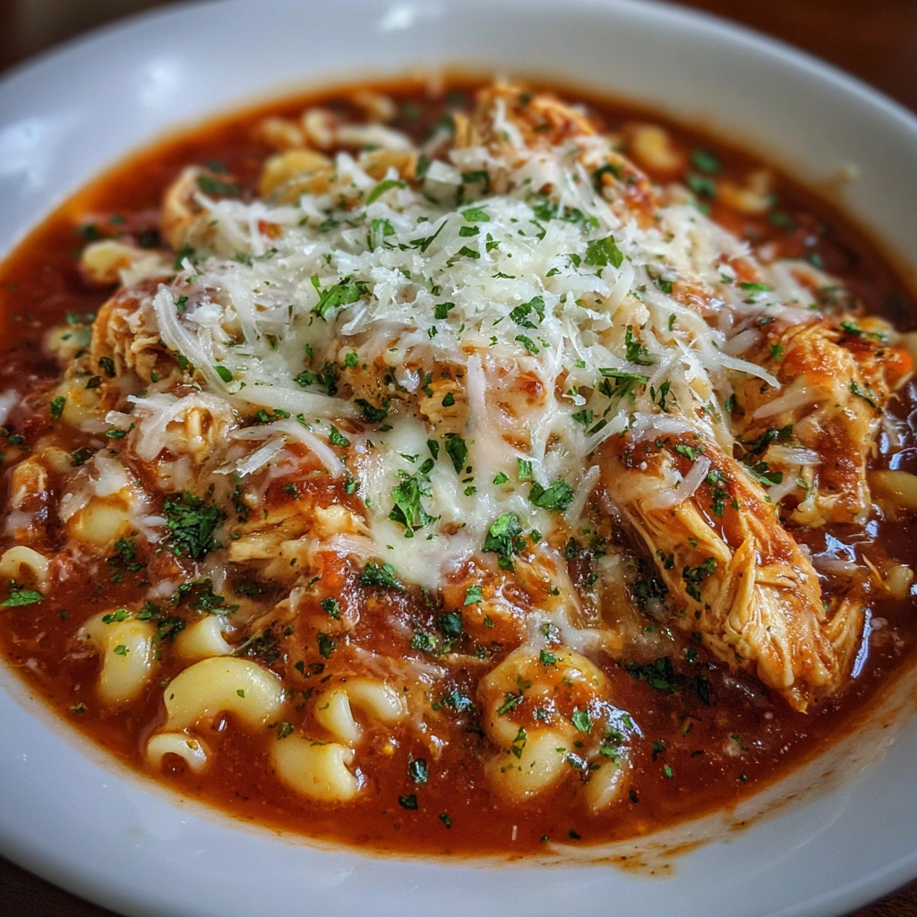 Hearty tomato-based chicken soup topped with melted cheese and herbs.