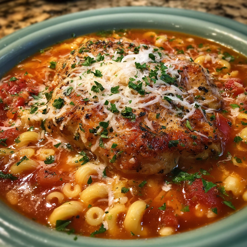 Crockpot chicken soup with Parmesan, mozzarella, and herbs sprinkled on top.