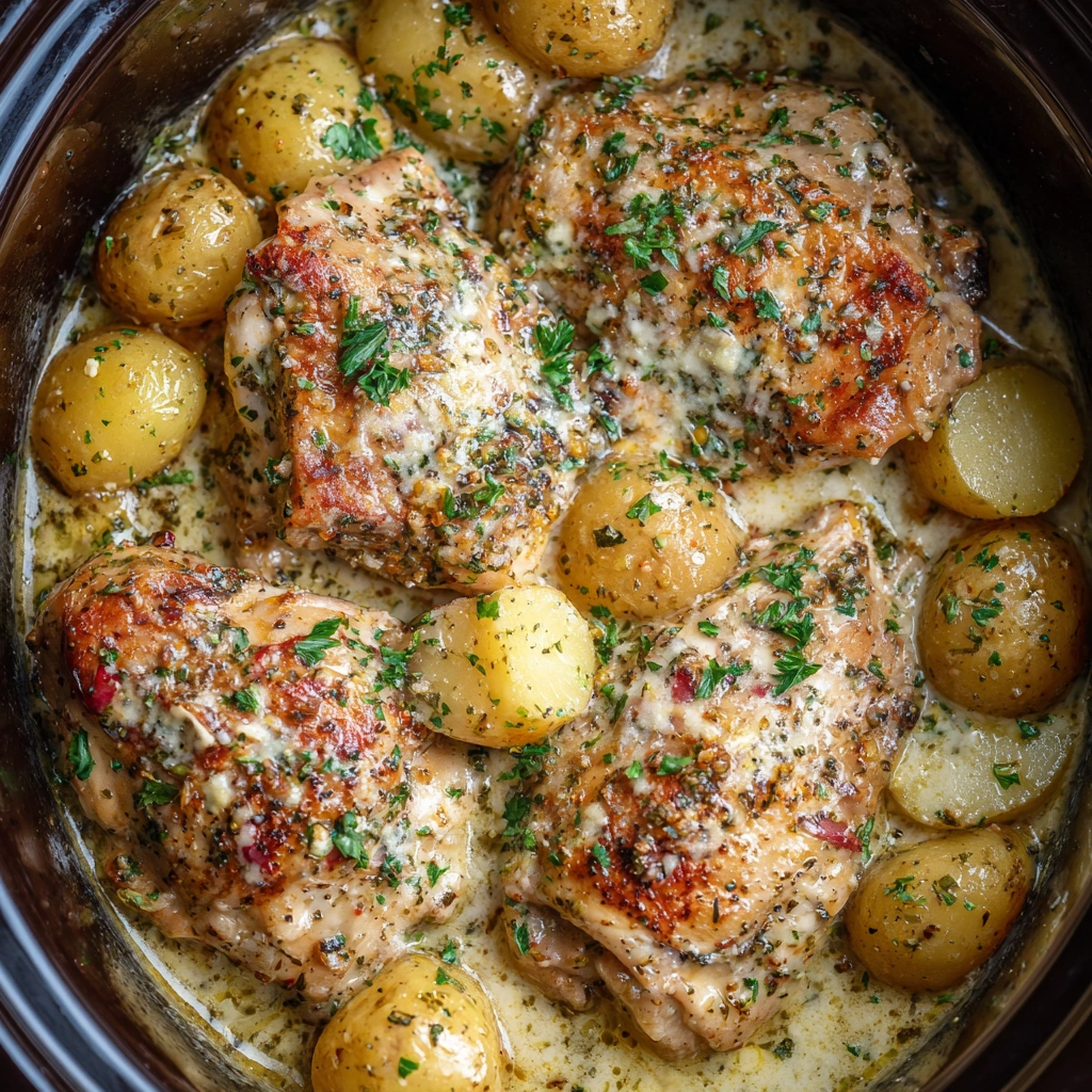Plate of garlic Parmesan chicken with golden potatoes