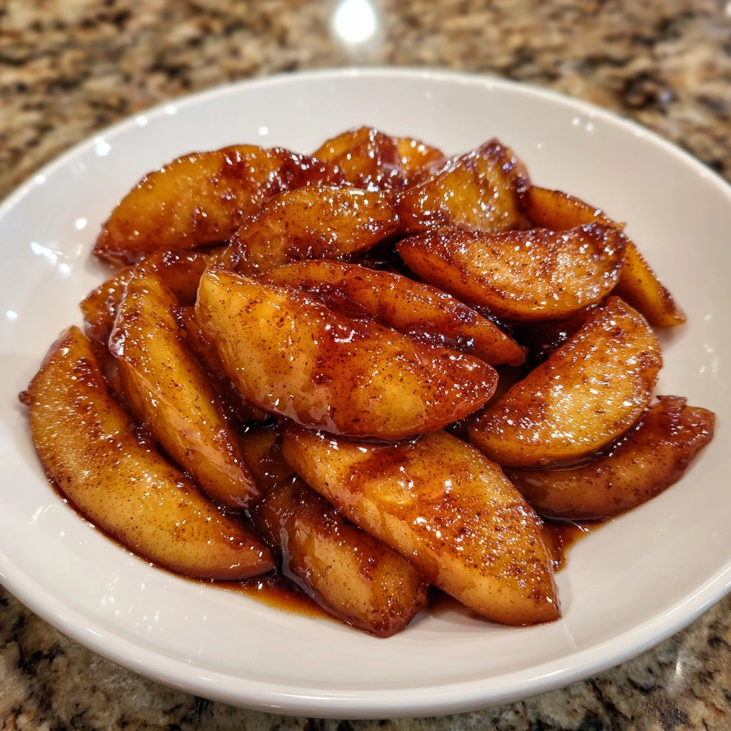 Caramelized apple slices in a pan with rich syrup