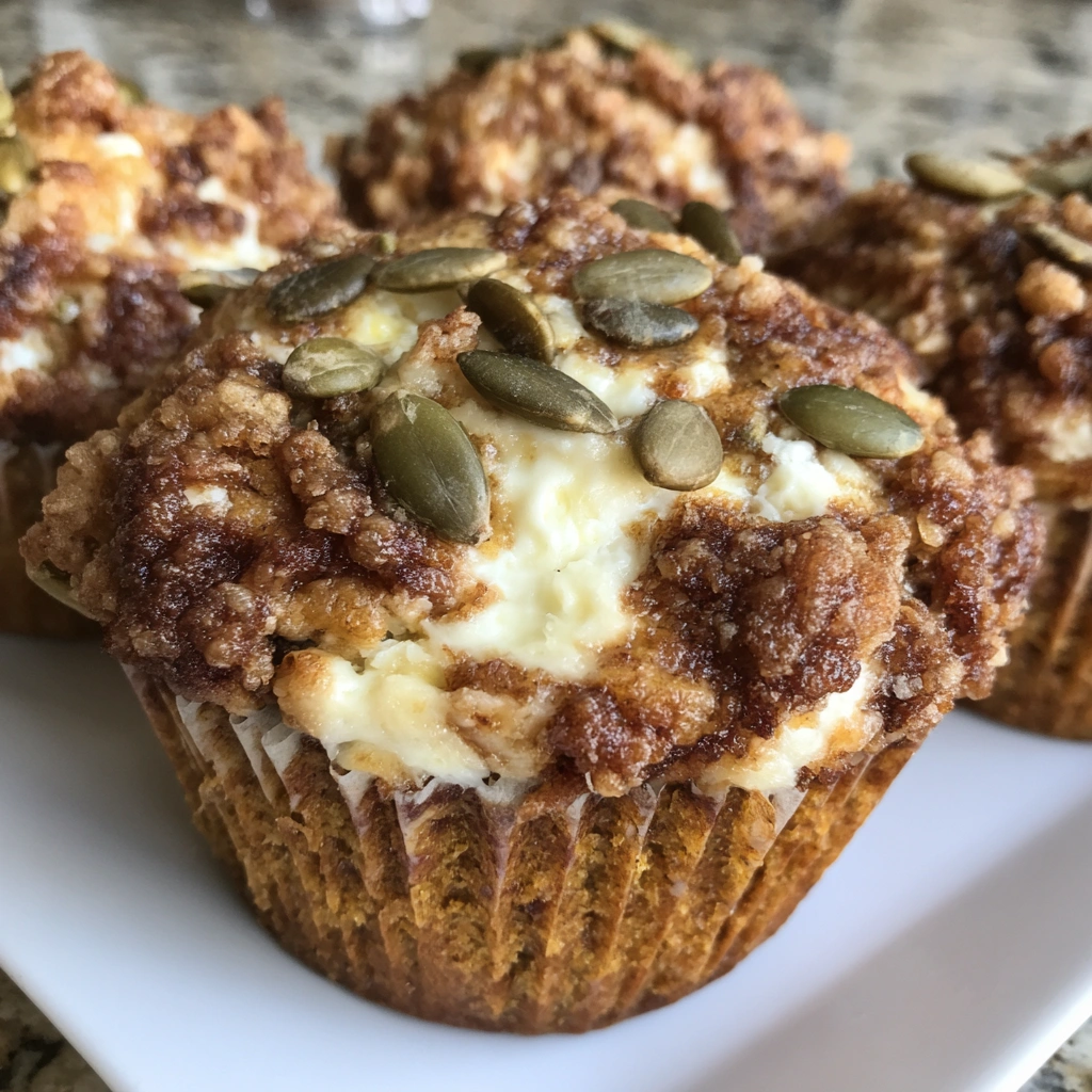 Pumpkin muffins with cream cheese centers and pepitas on top