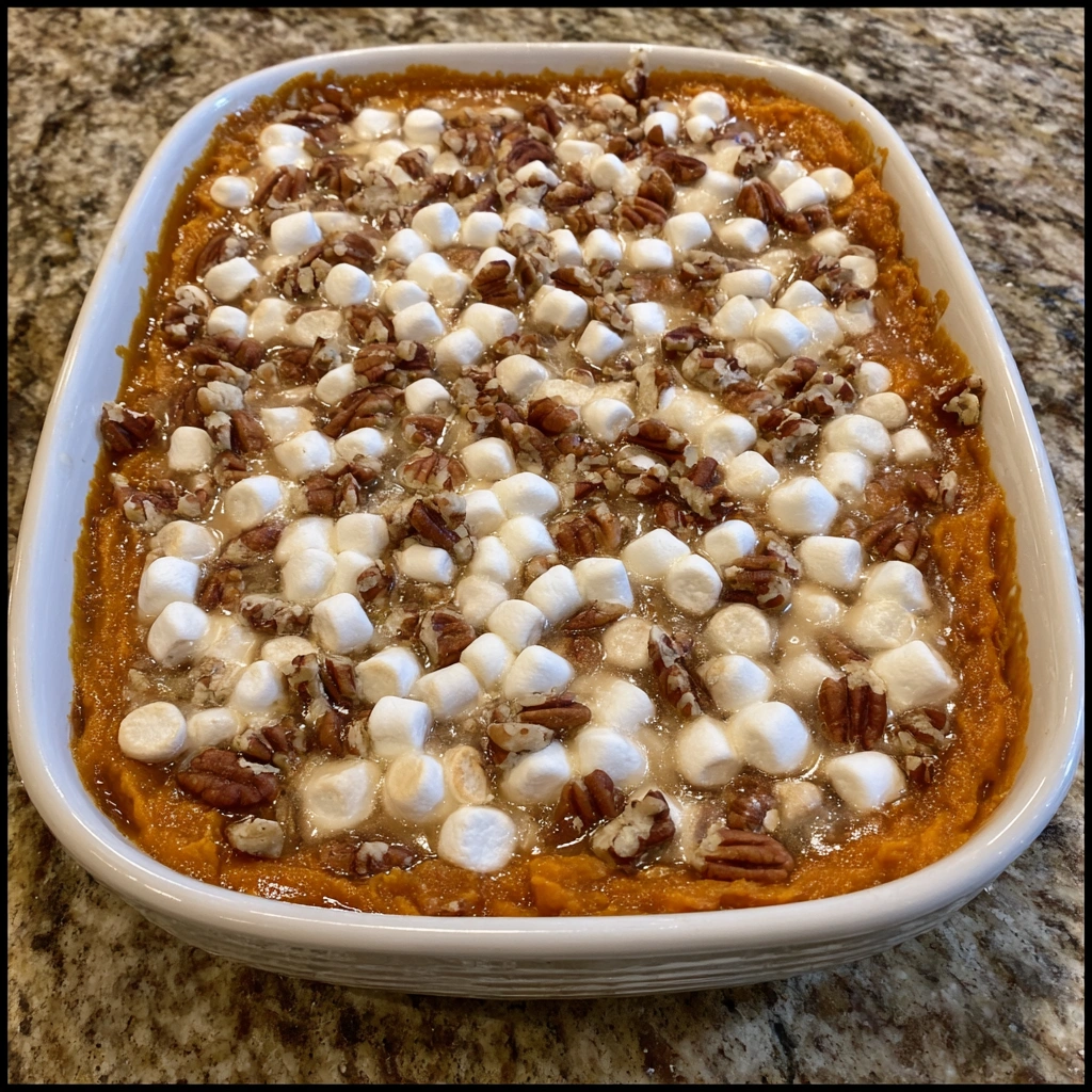 A serving of casserole with melty marshmallow top and nutty crunch