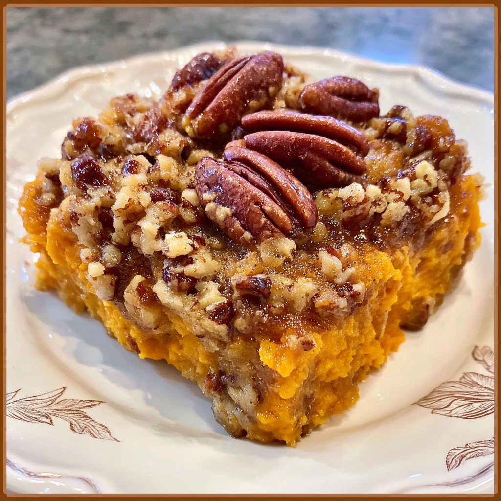 Sliced sweet potato casserole served on a festive plate