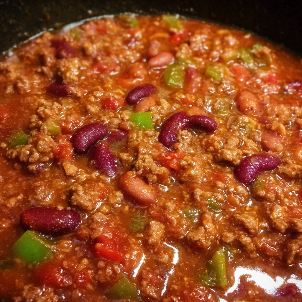Close-up of rich, chunky beef and bean chili with cornbread on the side.