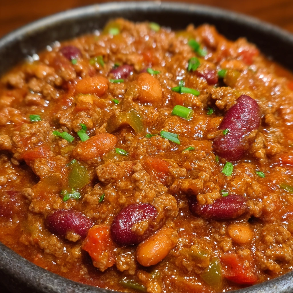 Chili served in a rustic bowl with sour cream and shredded cheddar cheese.