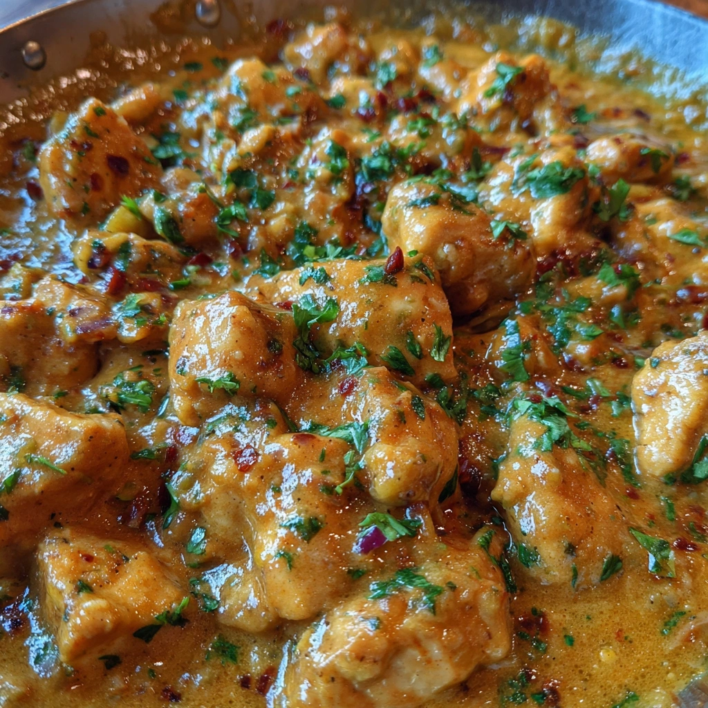 Creamy butter chicken simmering in a skillet topped with cilantro.