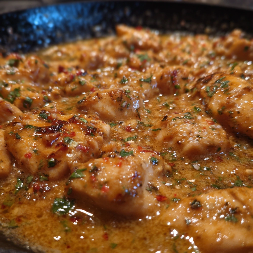 Overhead shot of butter chicken served with naan bread.