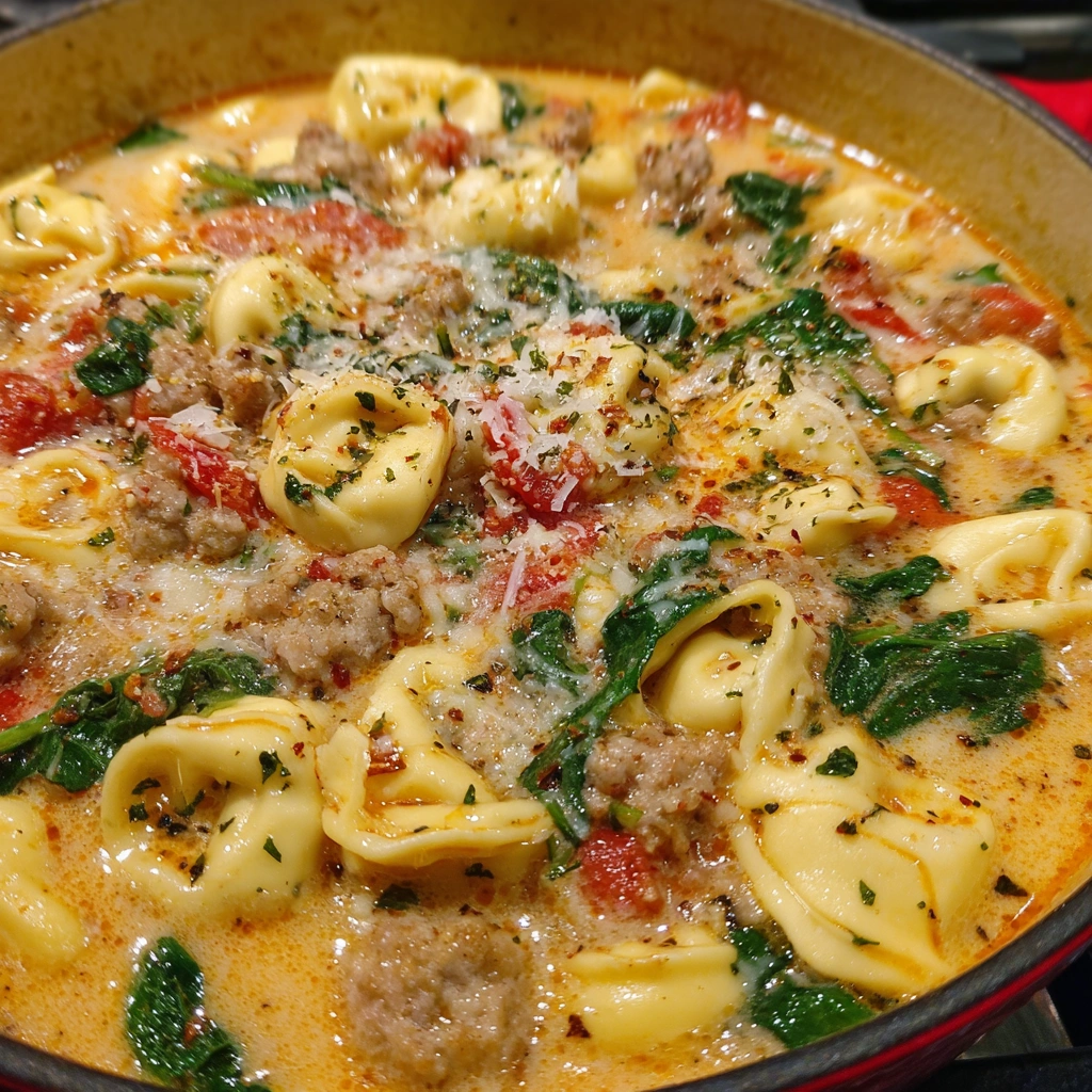 Creamy tortellini soup with sausage, spinach, and parmesan in a Dutch oven