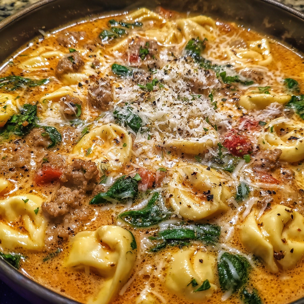 Ladle pouring cheesy tortellini soup into a bowl