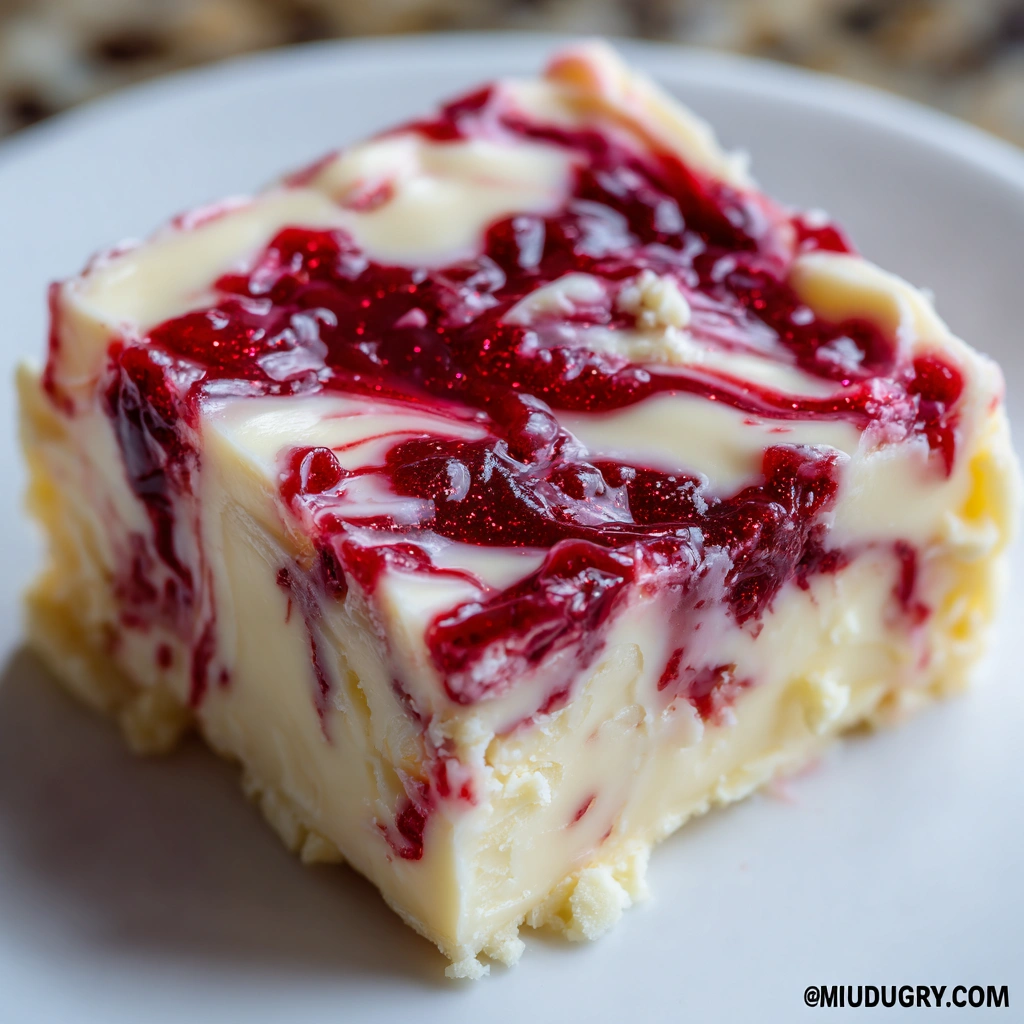 Plate of white chocolate fudge squares with red centers showing