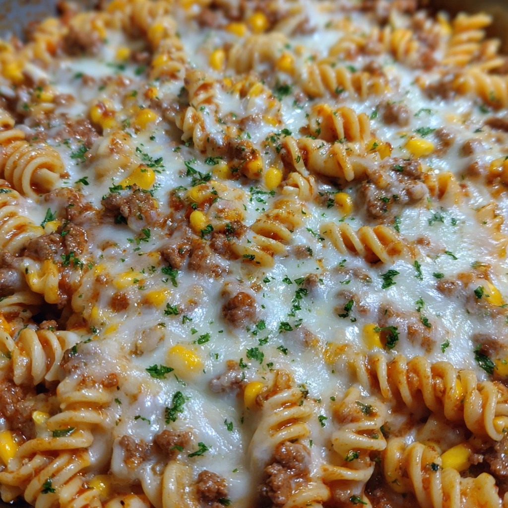Cheesy Ranch Rotini Bake with Beef and Sweet Corn