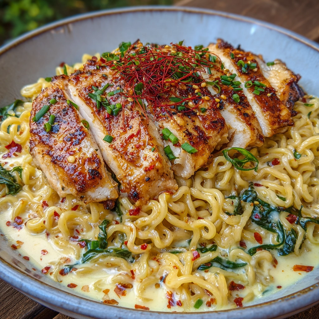 Fiery Chicken Ramen with Creamy Garlic Sauce