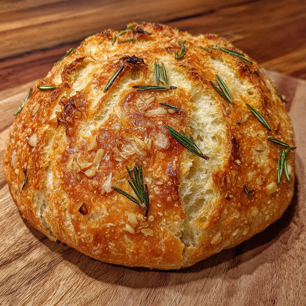 No Knead Roasted Garlic Rosemary Bread